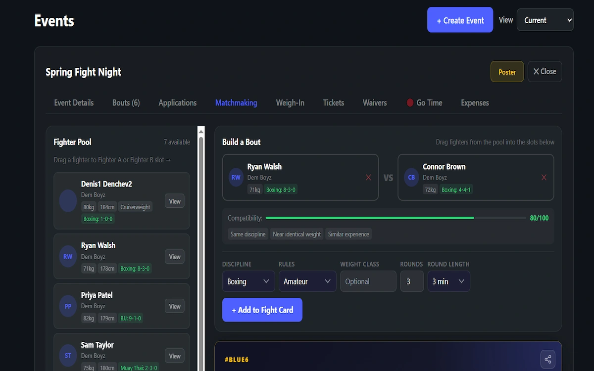 Blue6 matchmaking screen showing boxing fighters paired by weight and experience