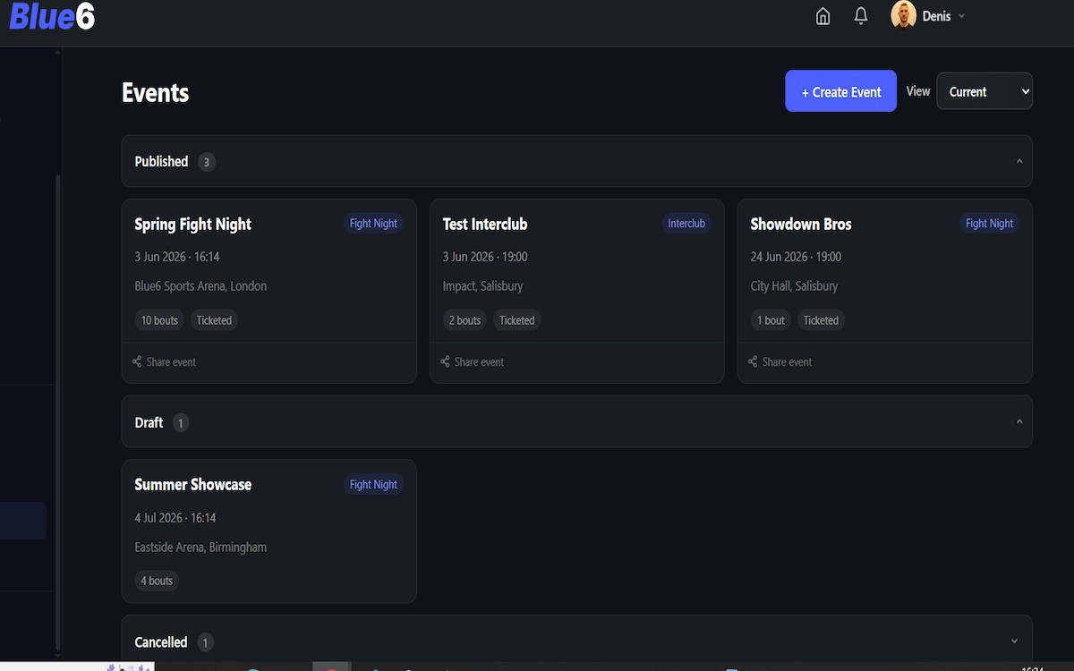 Blue6 event overview screen for a kickboxing fight night