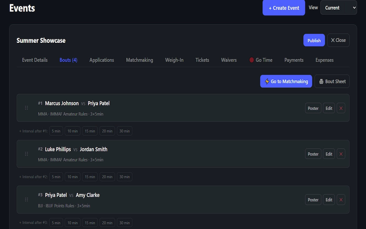 Blue6 bout sheet dashboard for an MMA event with multiple disciplines