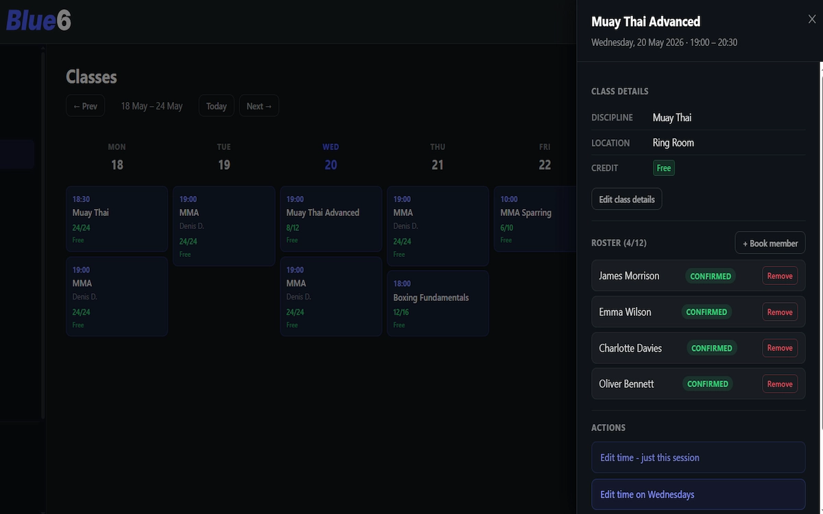 Blue6 class and event dashboard for a Muay Thai gym
