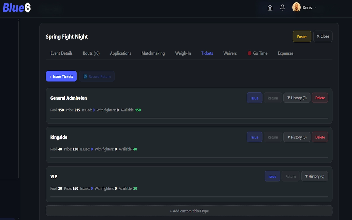 Blue6 event dashboard for white collar boxing ticketing and fighter records
